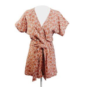 Chocolate U.S.A., Short Romper, Terracotta/Cream Print, Zip Back, Waist Tie SZ L